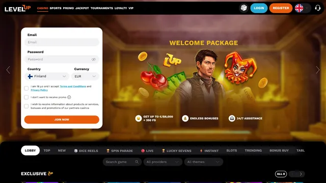 levelup casino website screen