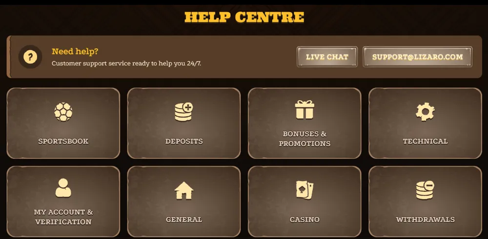 lizaro casino help center icon