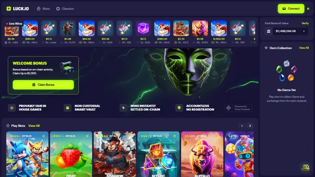 luck.io casino website screen