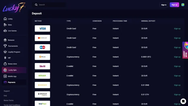 lucky7 casino deposit