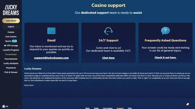 luckydreams casino support