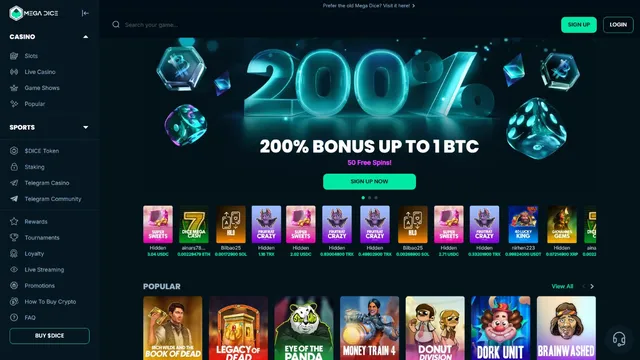 megadice casino website screen