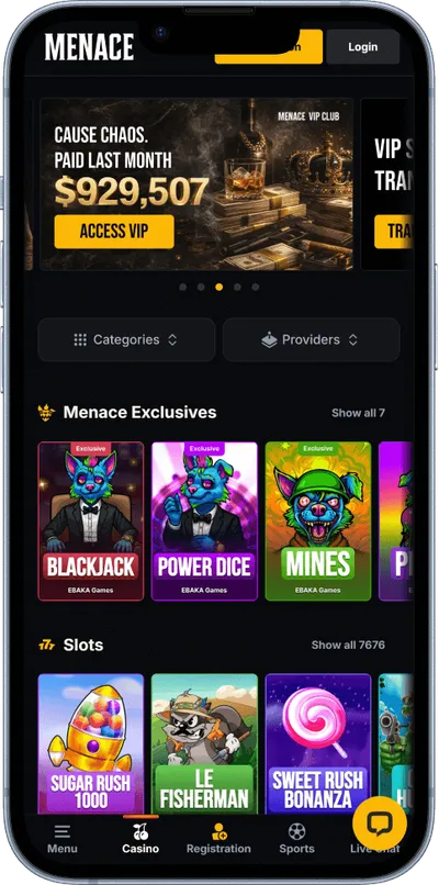 menace Casino phone screen main