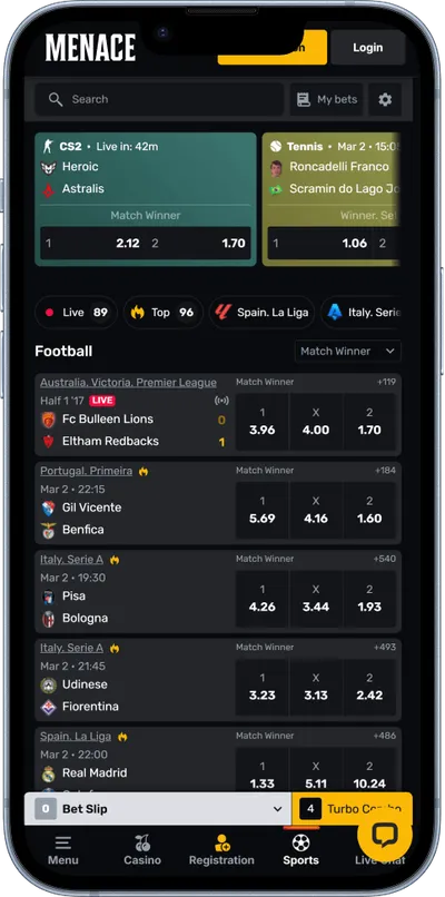 menace Casino phone screen sports betting