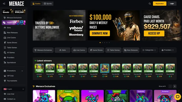 menace casino website screen