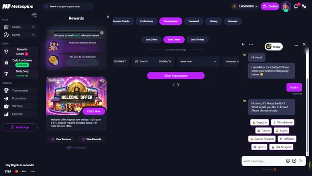 metaspins casino support