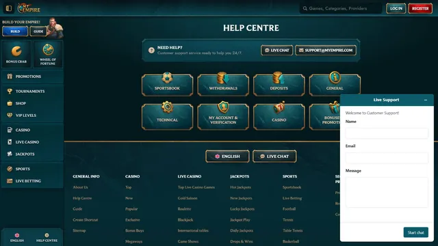 myempire casino support