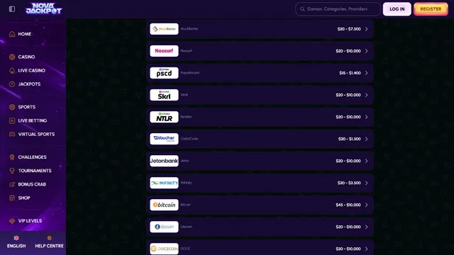 novajackpot casino deposit