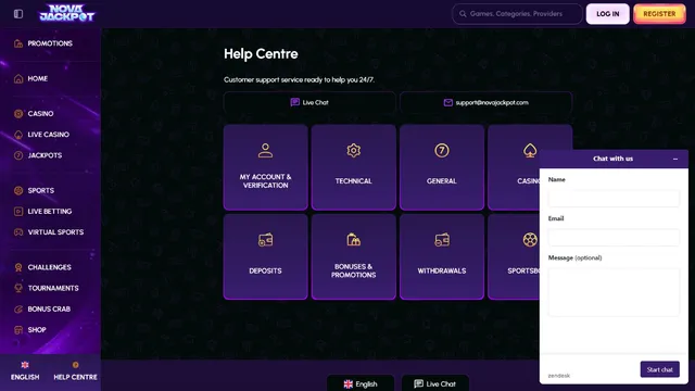 novajackpot casino support