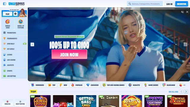 onlyspins casino website screen
