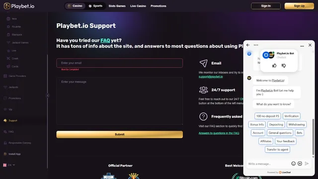 playbet.io casino support
