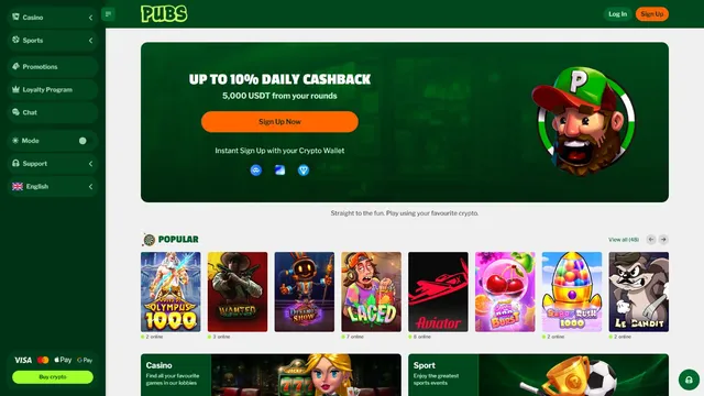 pubs casino website screen