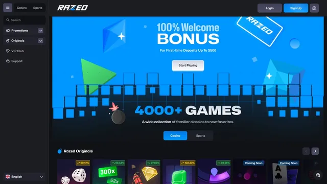 razed casino website screen