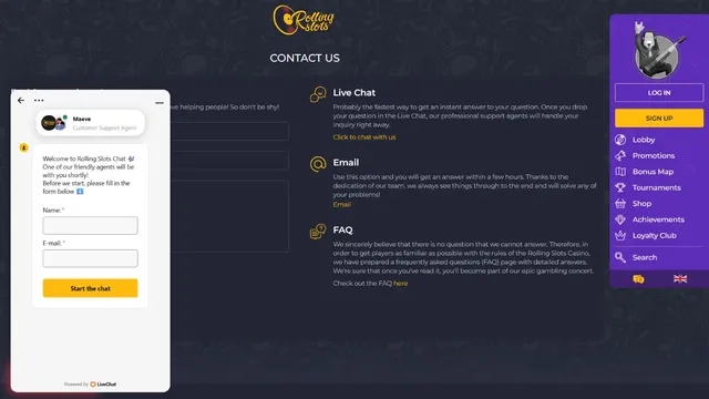 rollingslots casino support