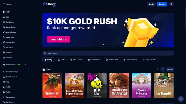 shock casino website screen