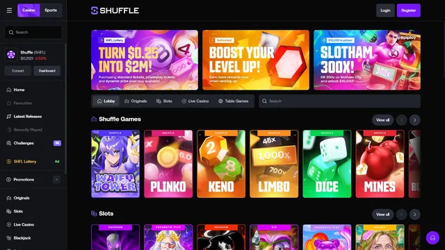 shuffle casino website screen