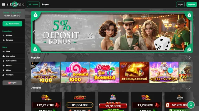 sirwin casino website screen