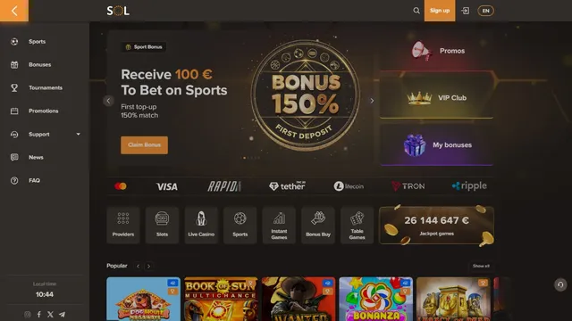 sol casino website screen