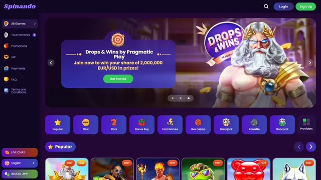spinando casino website screen