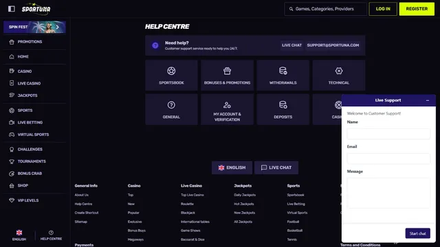 sportuna casino support