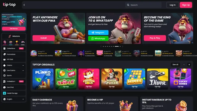 tiptop casino website screen