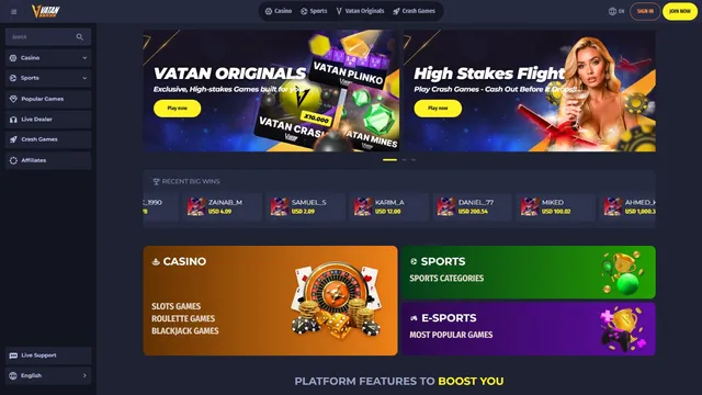 vatan casino website screen