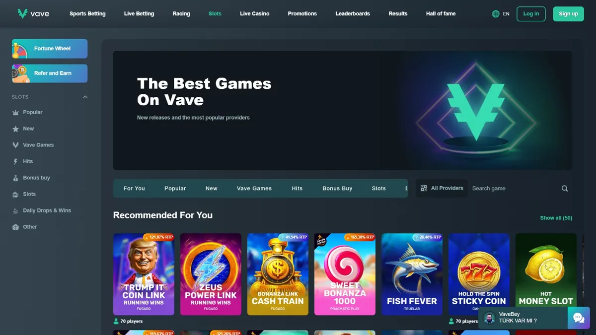 vave casino website screen