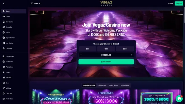 vegaz casino website screen
