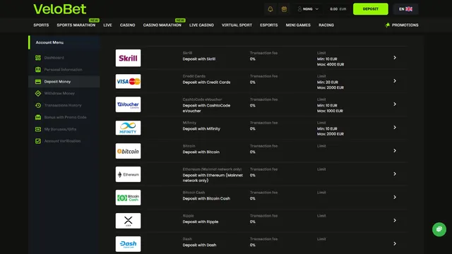 velobet.win casino deposit