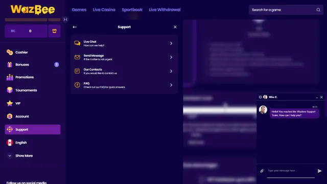 wazbee casino support