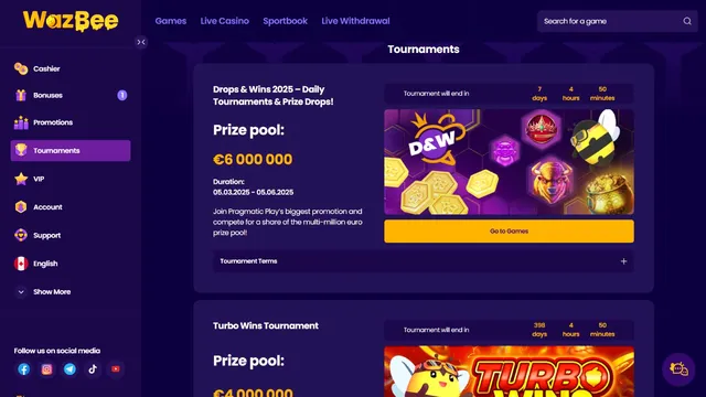 wazbee casino v tournaments