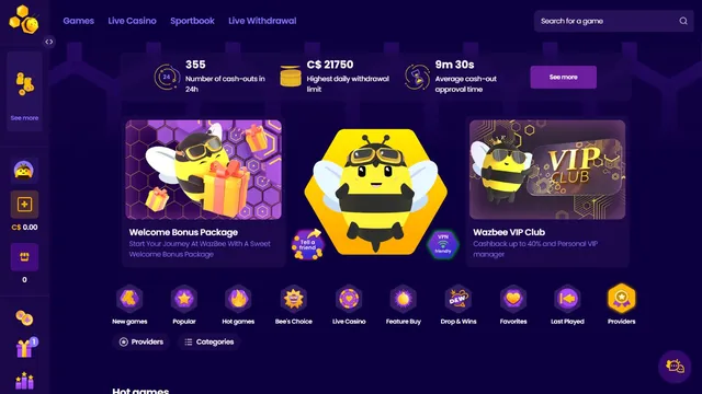 wazbee casino v website screen
