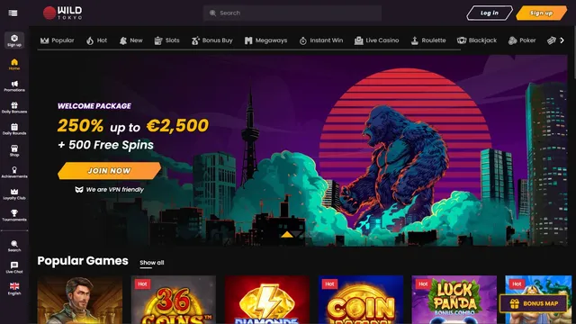 wildtokyo casino website screen