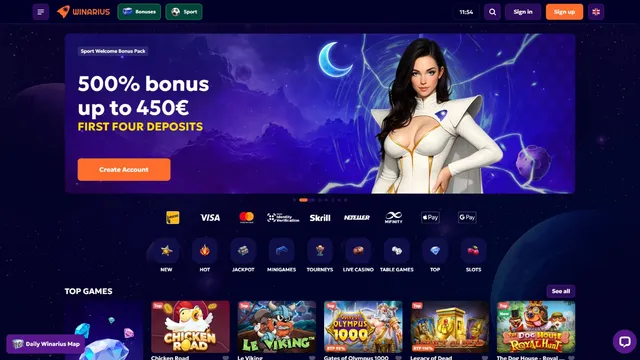winarius casino website screen