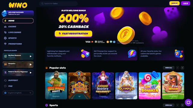 wino casino website screen