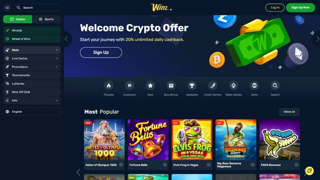 winz casino website screen