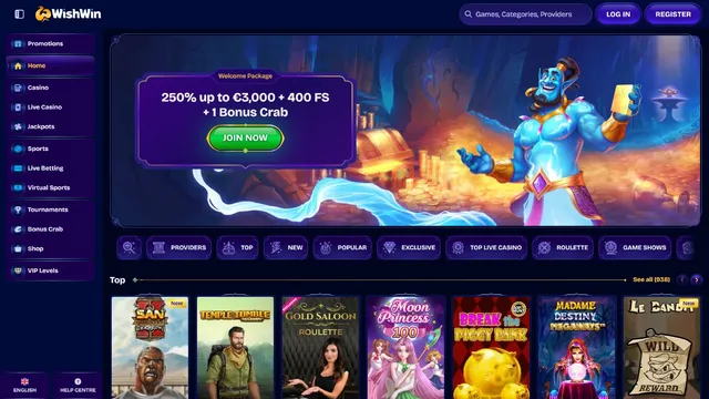 wishwin casino website screen