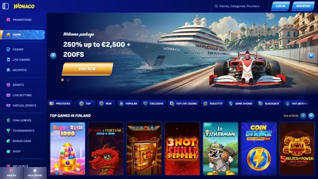 wonaco casino website screen