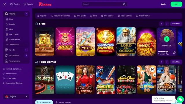 zinkra casino website screen