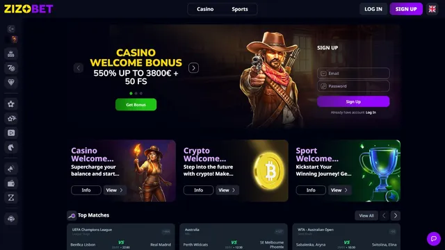 zizobet casino website screen