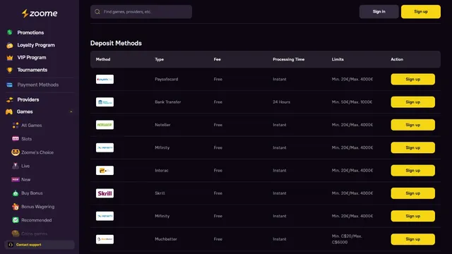 zoome casino deposit