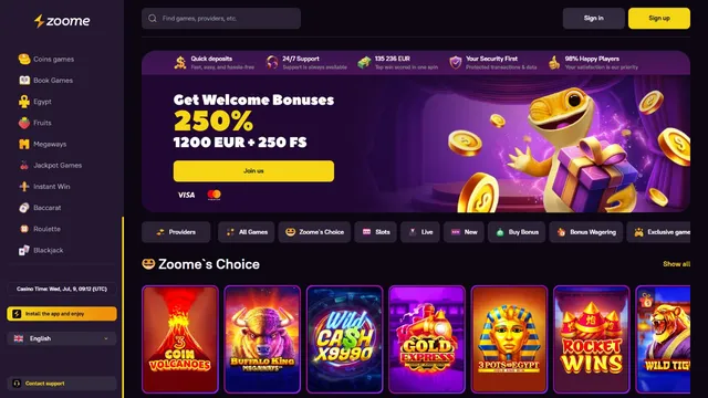 zoome casino website screen